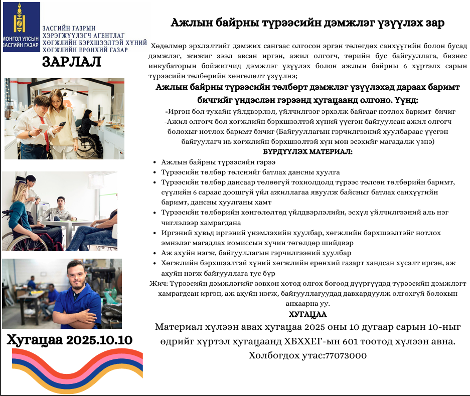 АЖЛЫН БАЙРНЫ ТҮРЭЭСИЙН  ДЭМЖЛЭГ ҮЗҮҮЛЭХ ЗАР